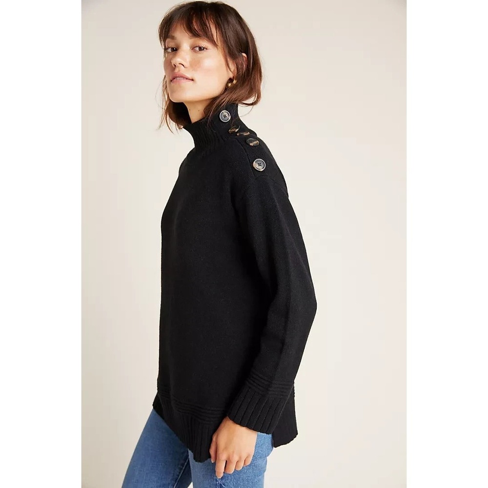 Anthropologie Turtleneck Tunic Sweater Sz S Black Knit Button Shoulder Classic